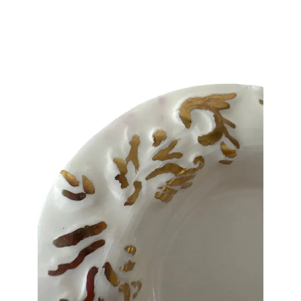Vintage Ivory Ceramic Catchall Trinket Dish Raised Gold Gilt Footed Oval 6”